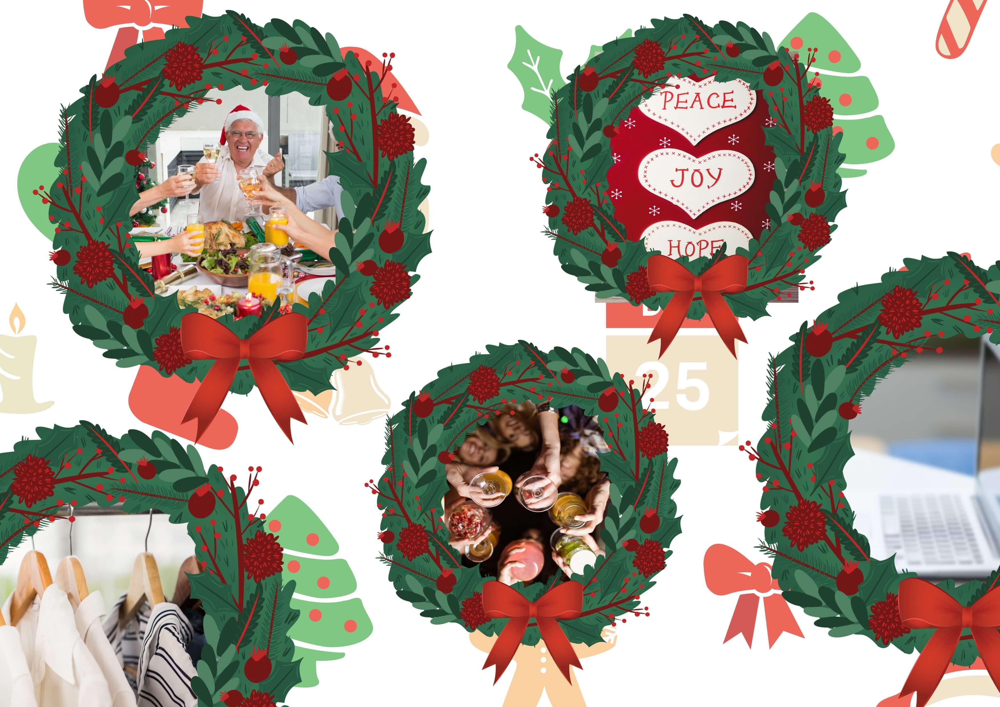 Christmas Wish List Collage with Images surrounded by Wreath Borders, along with a Christmas icon Background - How to make a collage: A complete inspirational guide with examples - Image